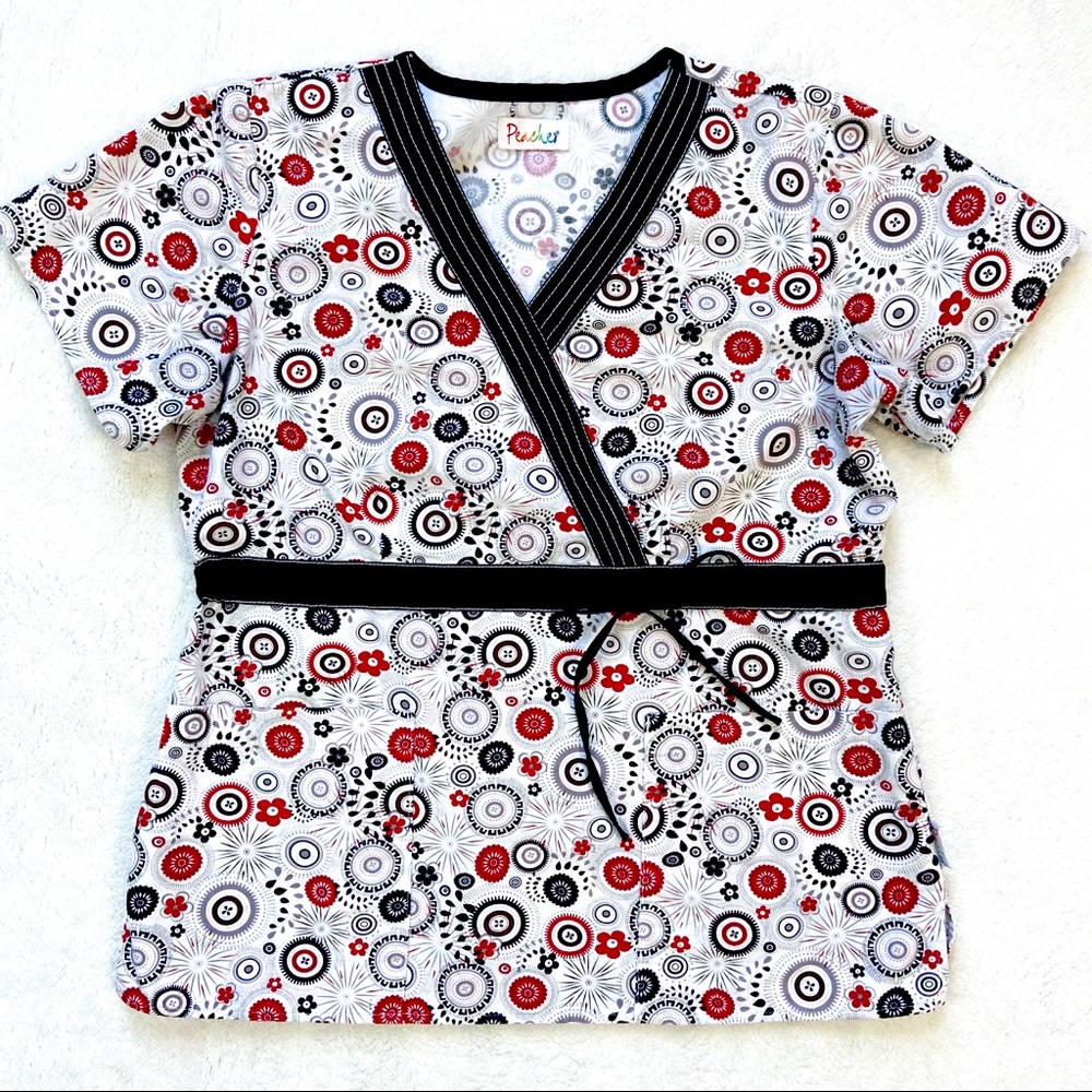 Peaches floral scrub top with tie black white red